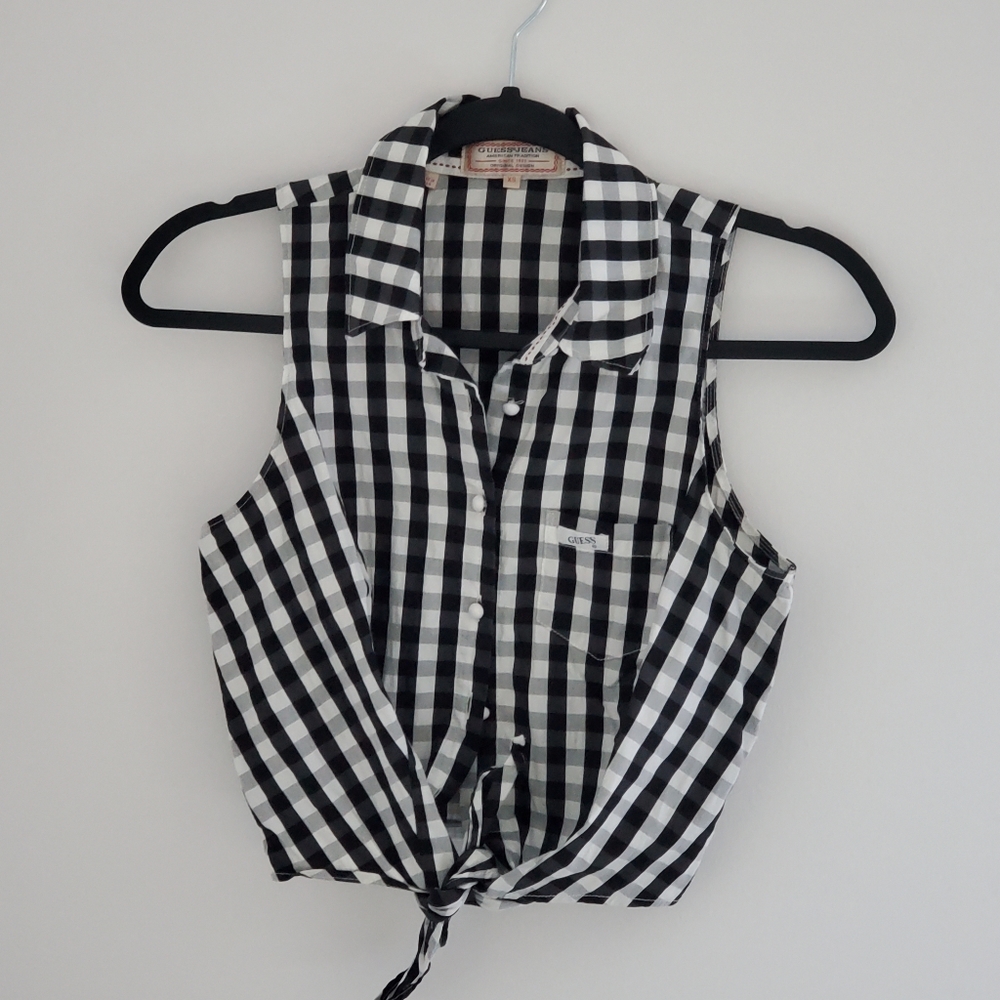 Guess Black and White Checkered Crop Top